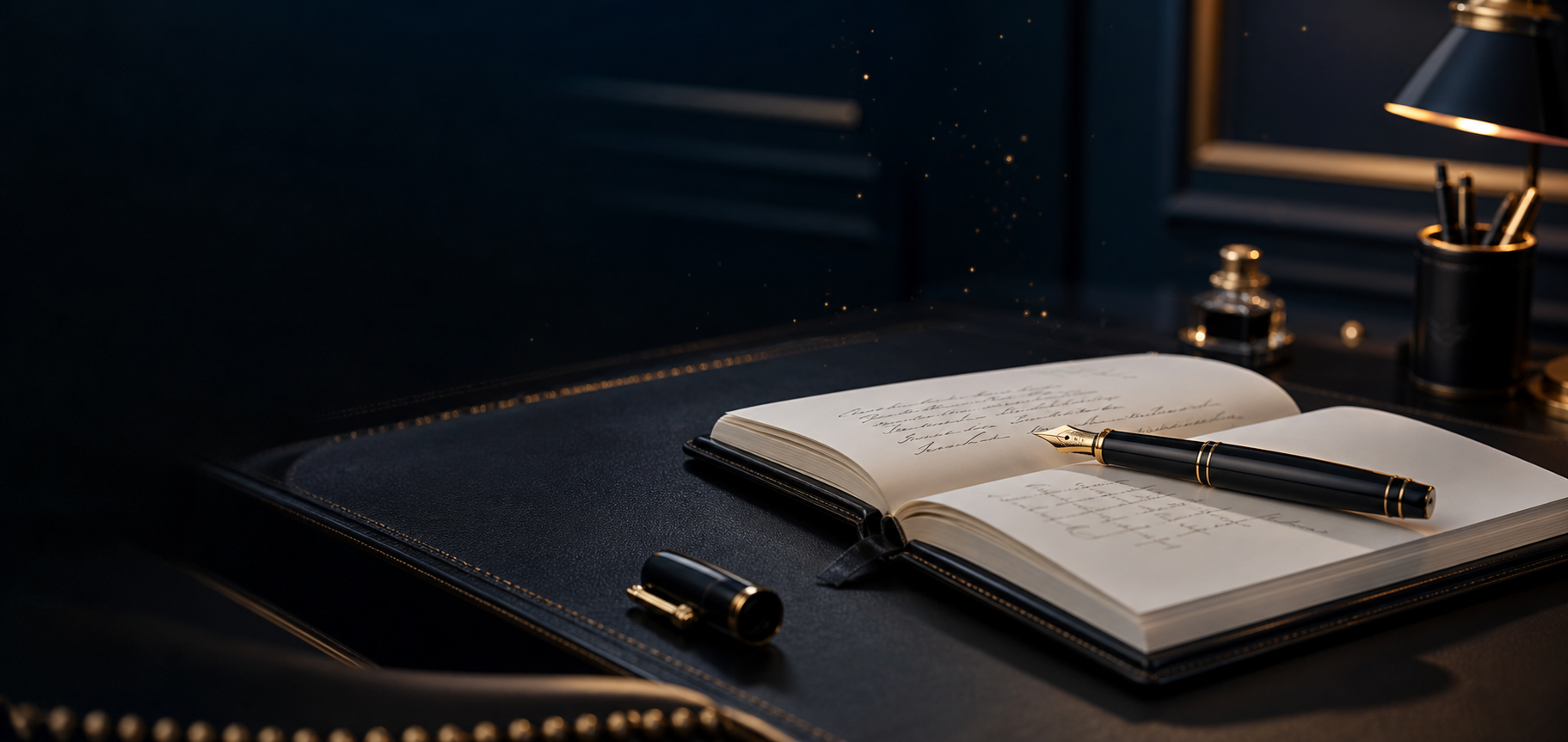 Luxury handwriting analysis workspace with fountain pen and notebook